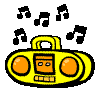 Yellow boombox with orange speakers and control , surrounded by black musical notes on gray background