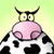 Pixelated cow icon with black-and-white spotted body, pink nose, and curved black horns against light green background.