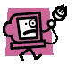 Pixelated character with computer monitor head, pink cloud-shaped body, and black limbs holding a microphone against gray background.