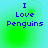 Blue pixelated text "I Love Penguins" on a gradient background shifting between cyan and green hues.