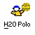Pixelated static icon of a yellow stick figure with blue cap holding a golden coin-like object, below which is text reading "H2O Polo" on gray background.