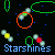 Animated pixel art featuring four 'Starrshines' text instances in blue, yellow, red, and purple with colorful geometric shapes on a black background.