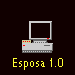 Pixel art of a computer monitor with arms, displaying various expressions and actions . The monitor has a gray body with red accents on the base. Yellow text below reads 'Esposa 1.0' in all frames except one where it is partially obscured by 'HA!'. Green pixelated arms extend from the sides of the monitor, moving between frames to show different gestures like holding objects or changing positions. The background is solid black throughout