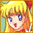 Pixelated anime-style character with blonde hair and blue eyes, wearing red clothing, next to black background with white text.