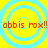 Yellow background with four cyan concentric circles, each containing red text reading 'abbis rox!!' in pixelated font.