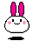 Pixel art bunny with pink ears and cheeks, white rounded body on gray background, showing multiple expressions including smiling, blushing, heart eyes, and sparkles.
