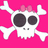 Pixelated skull with large black eye sockets and small teeth, crossed white bones behind it on a bright pink background.