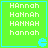 Four identical green with blue borders display the name 'Hannah' in four different stylized fonts, each containing a small blue Pac-Man-like icon in the bottom-right corner
