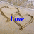 Two heart-shaped sand drawings with blue text reading "I Love" and "FRIENDS" on a textured beige background.