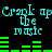 Pixelated cyan text "Crank up the music" repeats across two above green audio equalizer bars on black background