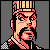 Pixel art portrait of a character with pink and beige facial features, black hair, and striped headwear against a gray background.