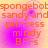 A static image with orange text on a gradient background of yellow and purple, repeating the phrase "spongebobsandy and sandy and princess mindy BFFs" in a