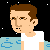 Pixelated character in white shirt with brown hair, performing sequential hand-to-mouth motion against black background with blue cloud shapes.