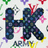 Pixelated icon featuring a stylized dark blue figure with multicolored accents, surrounded by small floral shapes in green, purple, red, and pink on a light background.