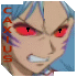 Pixelated anime-style character with blue hair and red eyes, mouth open in a grimace, vertical text 'CAXIUS' on left side.