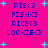 Pixelated text list on bright pink background with cyan stars, showing food-themed phrases in blue block letters.