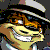 Animated contact sheet of a cartoon character with orange fur, wearing a black-and-white striped fedora and light blue shirt, displaying multiple facial expressions across 8 frames on a gray background.