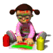Animated sequence of a child with pigtails painting, showing hand movements and color changes on the canvas.