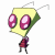 Pixelated character with yellow-green head, pink eyes, red torso, and dark limbs in six sequential poses showing eye closure and head tilt.