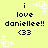 Yellow background with black text reading "i love daniellee!! <33" and white square patterns in four corners.