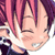 Pixelated anime-style character with pink and purple hair, closed eyes, smiling mouth, hand near face in a gesture, wearing dark clothing against white background.