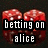 Pixelated image of two red brain halves with dripping blood, overlaid by black text reading 'betting on alice' in white block letters.