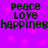 Purple background with pink stars and black text reading peace, love, happiness repeated in two