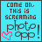 Pixelated blue background with dark text reading "COME ON, THIS IS SCREAMING photo app!" and a pink heart symbol.