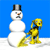 A snowman with a top hat and a yellow dog-like figure stand on snow against a blue background, with the dog's pose changing between frames.