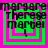 four identical pixelated squares with green and pink borders, each containing black text reading "margare Theres marbel !" on a bright green background
