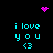 Pixelated cyan text 'i love you <3' arranged in four quadrants on black background with pink heart and starburst icons.