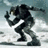 Pixelated image of a figure in dark armor with white accents, holding a weapon, set against a snowy background with red text overlays.