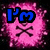 Pixelated pink skull with black crossbones on dark background, displaying text fragments 'I'm', 'a', 'Lover', 'of', 'Avril', 'Lavigne' in various colors.