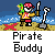 Pixel art pirate character with parrot on shoulder holding sword and shovel, standing on beach with starfish and ocean background.