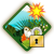 Pixelated diamond-shaped icon with green border, blue sky, white cloud, yellow sun with orange rays, white house, orange flower, and yellow lock with black keyhole.