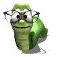 Green cartoon character with glasses and a striped body in four sequential poses showing eye and head movements.