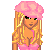 Pixel art of a blonde woman in pink outfit with heart motifs, holding matching bags and wearing high heels.