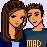 Pixelated cartoon couple in matching outfits with text overlays on blue and gray backgrounds.