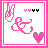 Pixel art icon with pink border, showing a peace sign, ampersand symbol, and heart in various states of animation.