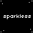 Black background with white pixelated text 'sparkless' repeated in , scattered white dots resembling stars, and a solid gray rectangle in the bottom-right corner