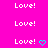 'Love!' text with cyan heart symbols on a bright pink background, some hearts animated to appear and disappear