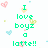 Pixelated green text reads "I love boyz" with a heart symbol and "lottte!!" below, surrounded by small pink and blue pixel hearts on white background.
