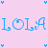 A 4-frame animated contact sheet showing the word "LOLA" in alternating blue and pink pixelated text with heart-shaped letter details on a light purple background, surrounded by small heart icons.