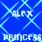 Blue background with light blue diamond pattern, white pixelated text 'ALEX' and 'PRINCESS' repeated in four quadrants