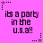 Pixelated text on a bright pink background with star and dot patterns, repeating 'its a party in the u.s.a!!' across multiple