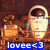 Pixelated image of a character in an orange outfit holding a yellow object, next to a large white robot with green and blue details on a brown background.