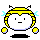 Pixelated cartoon character with yellow hair and antennae, displaying multiple facial expressions including neutral, surprised, and closed eyes against a gray background.