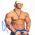 A pixelated image of a muscular man in blue trunks and a white cap, standing beside the WWE logo on black background.