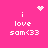 Pixelated pink background with white text 'i love sam<33' and four distinct animated symbols: a heart, a starburst, a dot cluster, and a blank space.