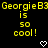 Yellow pixelated text on black background reads "Georgie B3 Georgie B3 is is 50 cool! cool!" with two white heart symbols at bottom center.